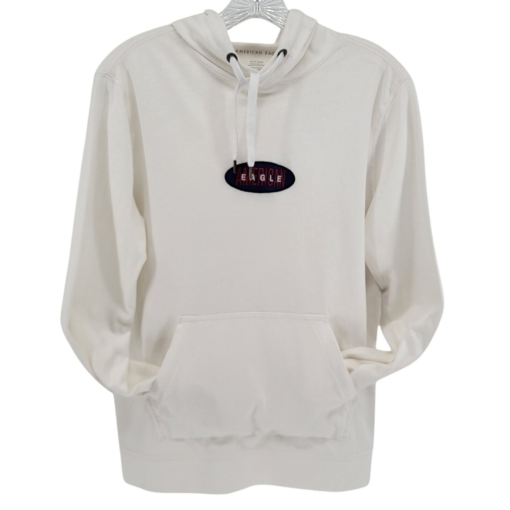 American Eagle Mens XS Cream Fleece Hoodie Embroidered Logo Sweatshirt Off White